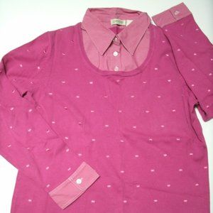 Orvis Sweater Mock Layered Polka Dot Medium Fuchsia Cotton Blend